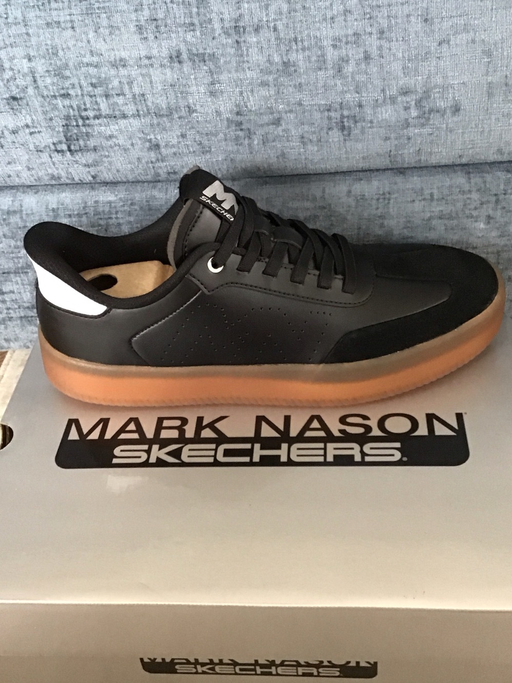 Skechers Mark Nason Salsa Cup Skyller Black Sneakers Gum Sole and White Heel Tab